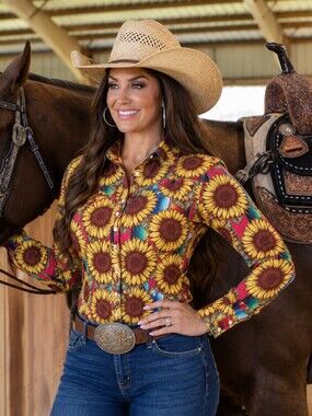 RANCH DRESS'N Fallon Taylor "Sunflower & Serape" Rodeo Performance shirt sz L